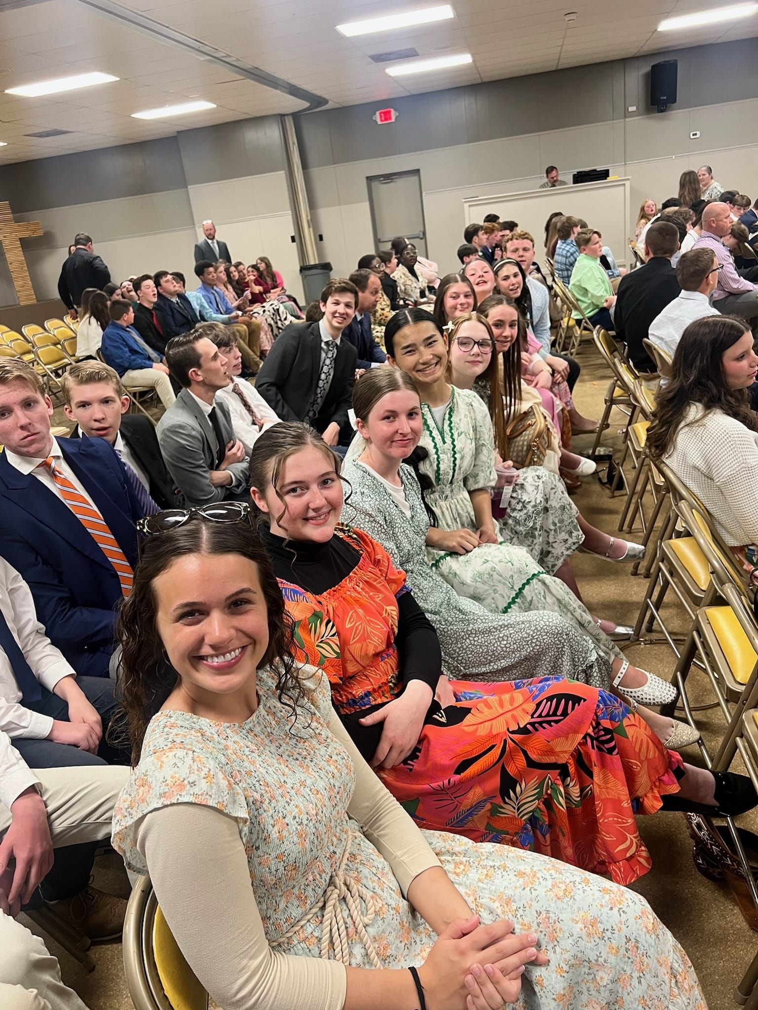 Carthage Christian Academy students gathered at a church assembly